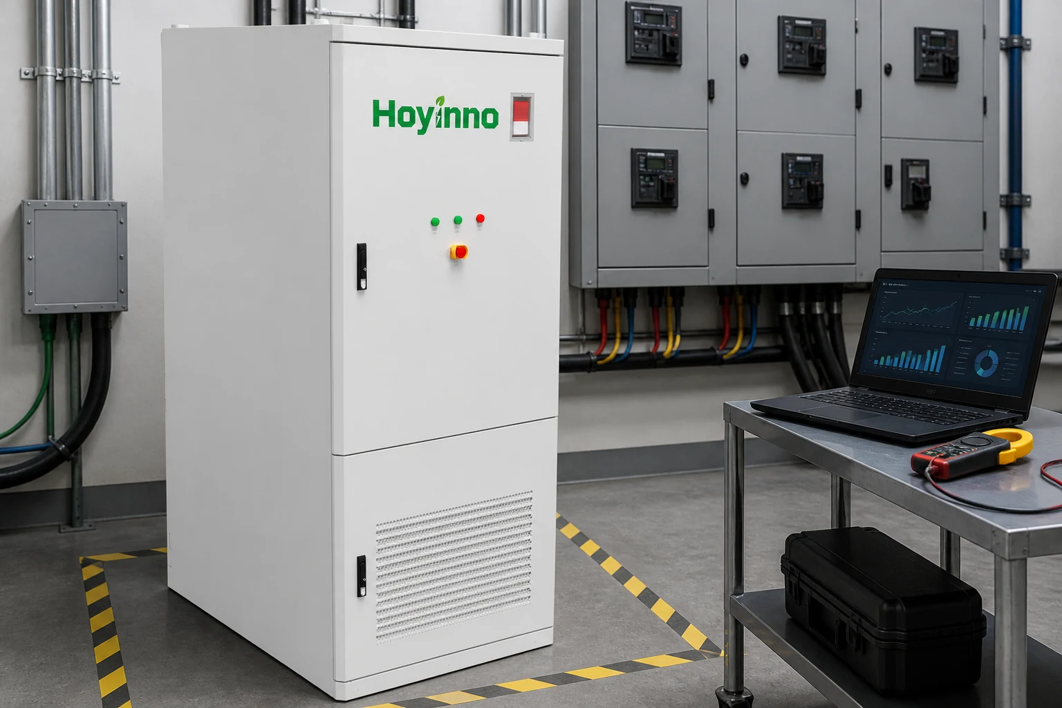 Hoyinno commercial battery cabinet positioned for load-control commissioning