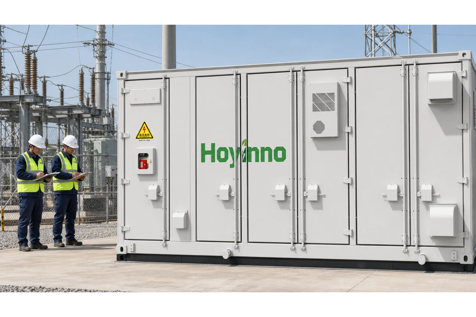 Hoyinno containerized battery system inspected on a substation commissioning pad