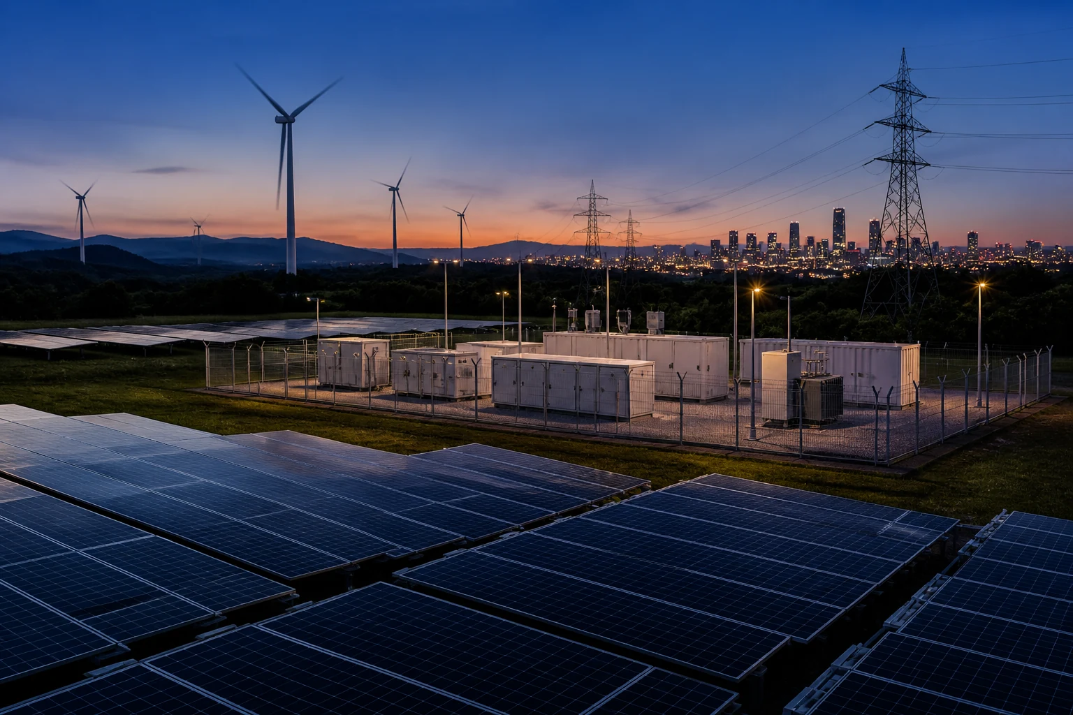 Solar wind and grid infrastructure illustrating energy storage applications