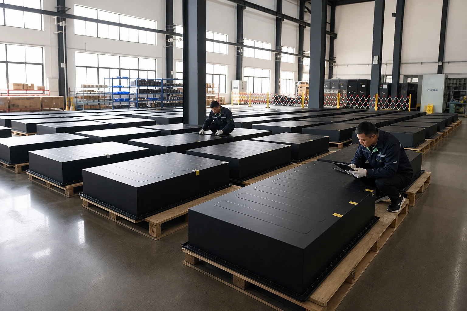 Rows of battery modules staged for controlled energy storage assembly