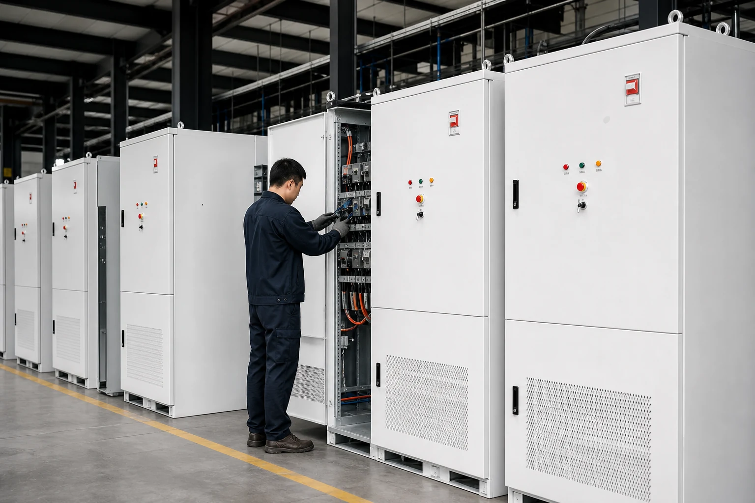 Technician inspecting electrical cabinets for integrated system control