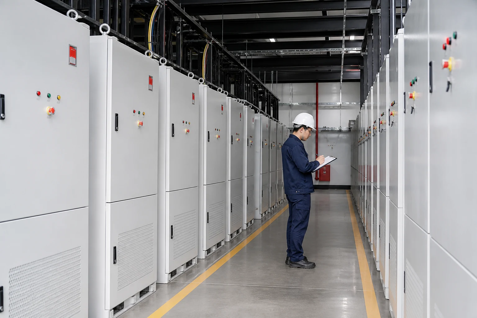 Organized electrical control cabinets and technicians performing system checks