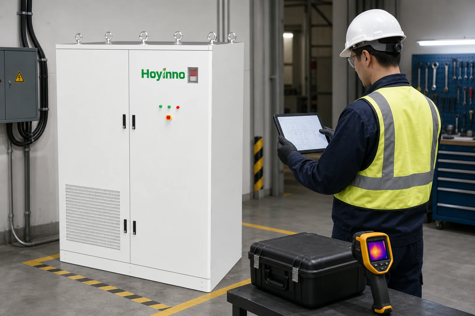 Engineer inspecting coolant connections beside a white battery energy storage cabinet