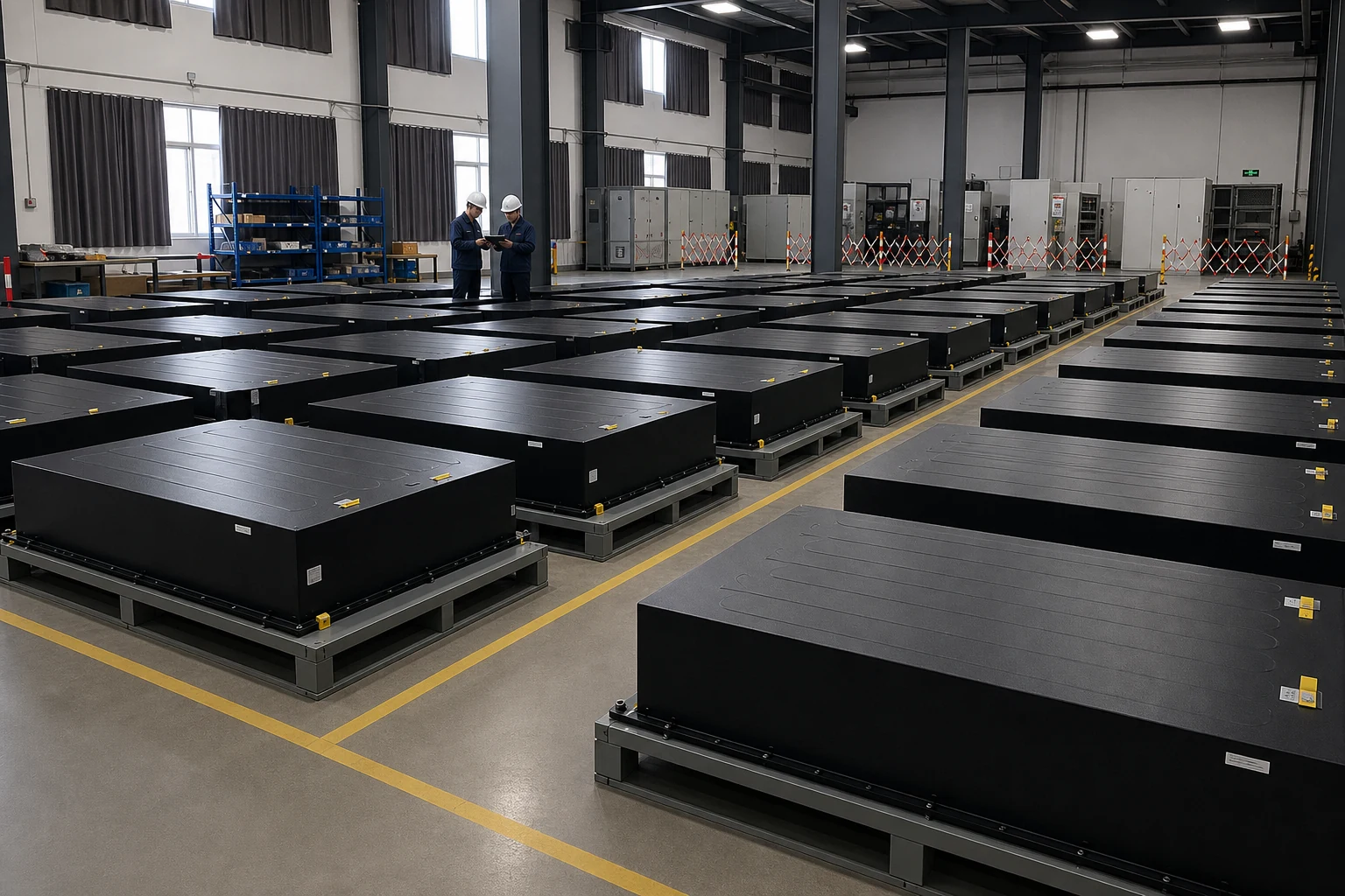 Technicians inspecting rows of battery modules during controlled assembly