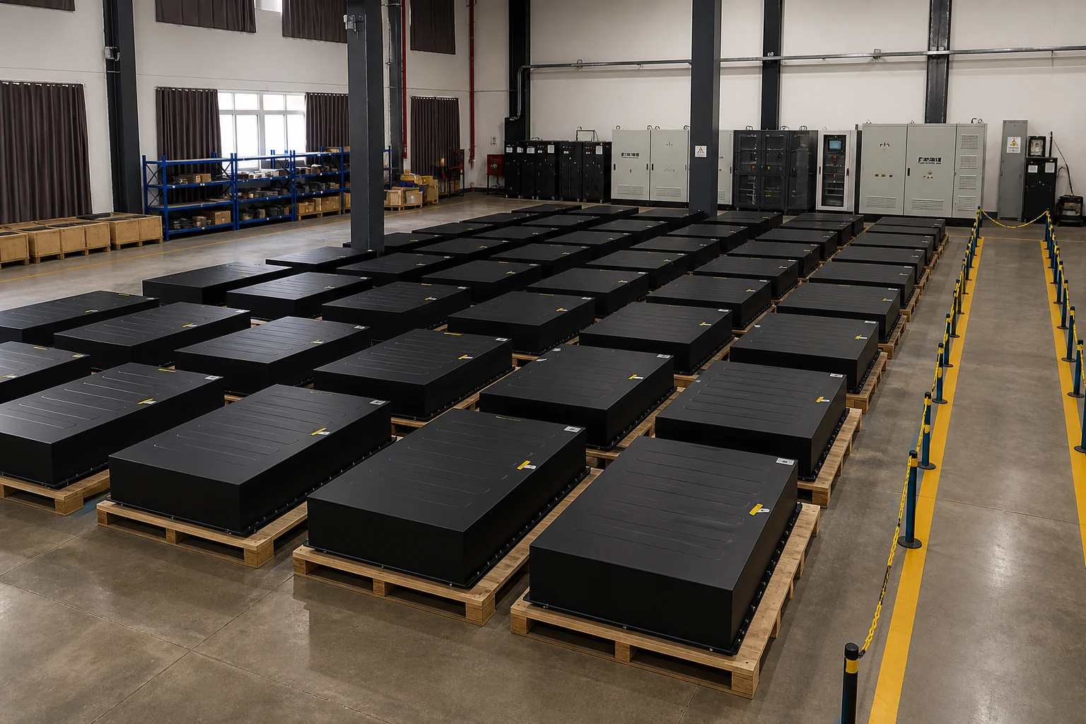 Rows of staged battery modules illustrating repeatable modular battery architecture