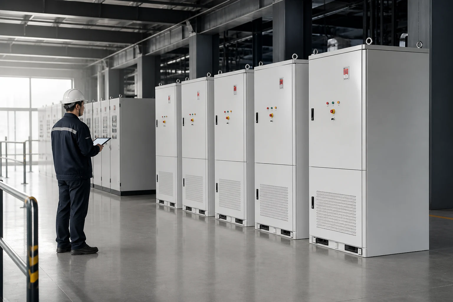 Engineer checking coordinated electrical cabinets in a clean integration area