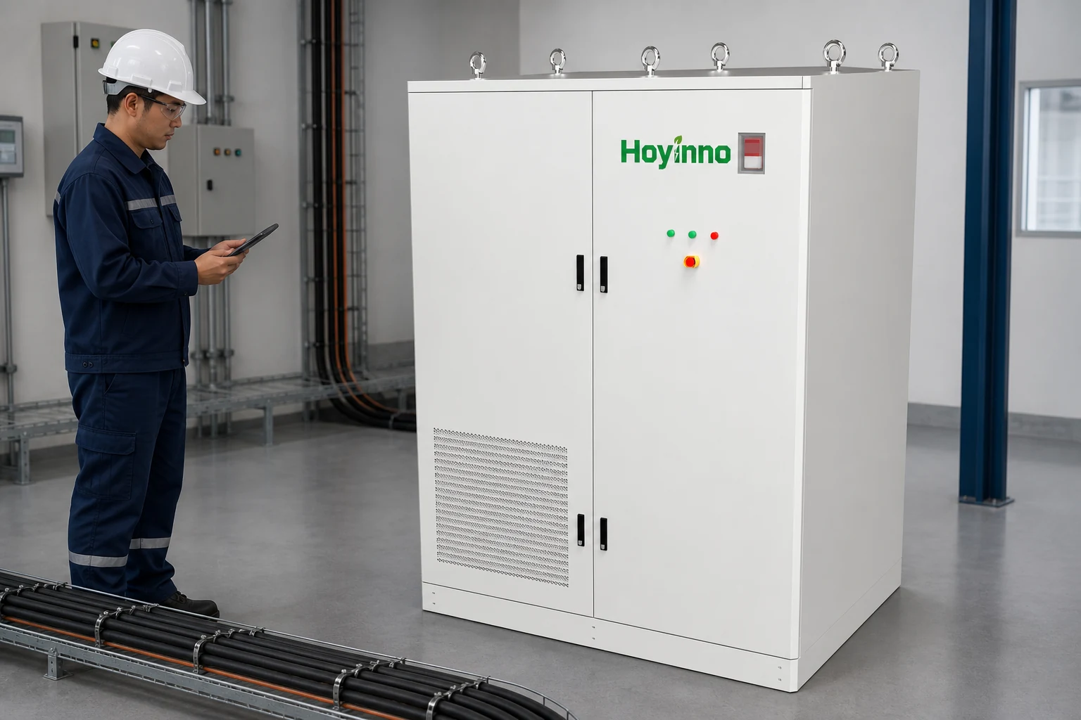 Engineer commissioning a branded modular energy storage cabinet beside routed power cables