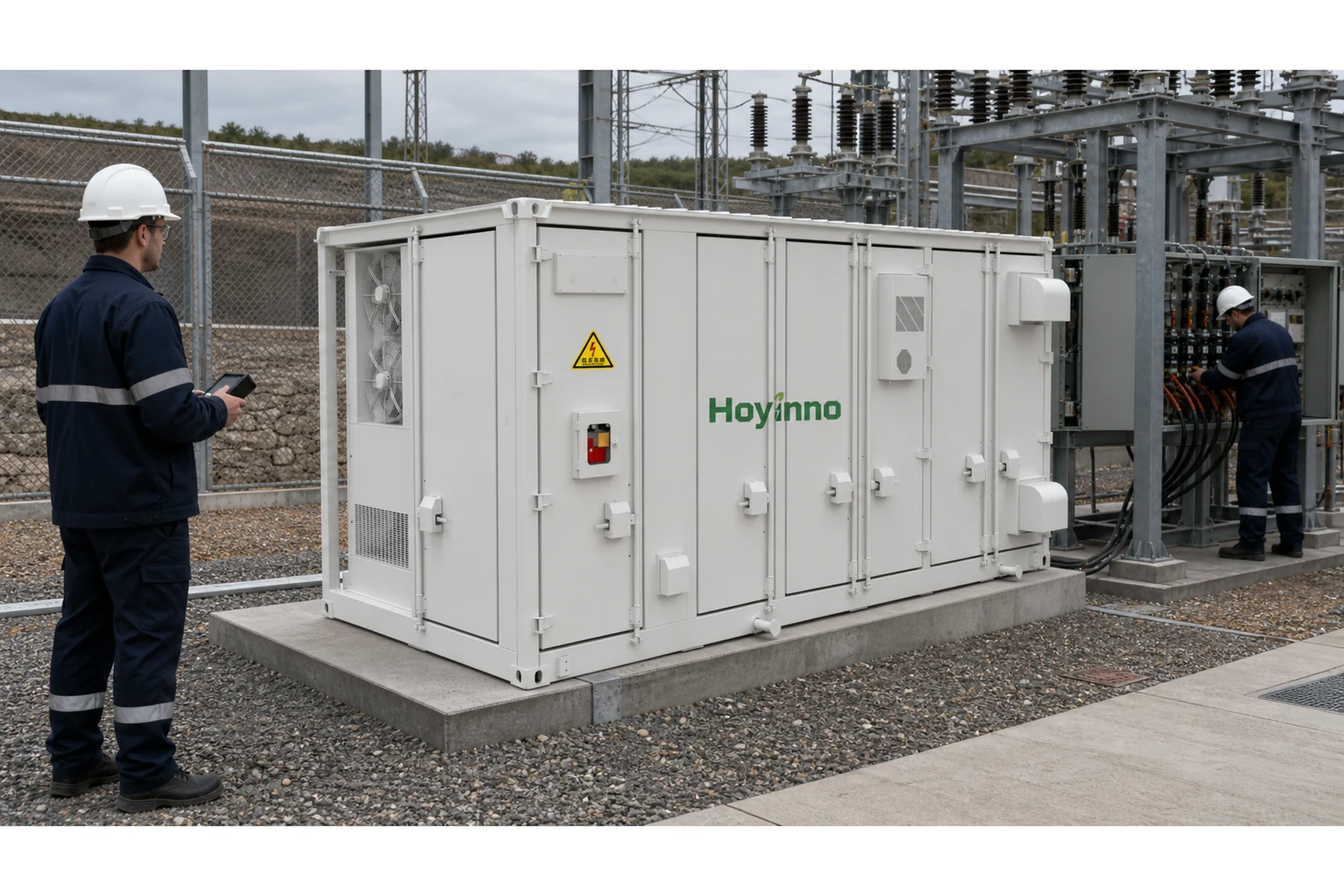 Engineers inspect a Hoyinno battery storage container and its grid interface