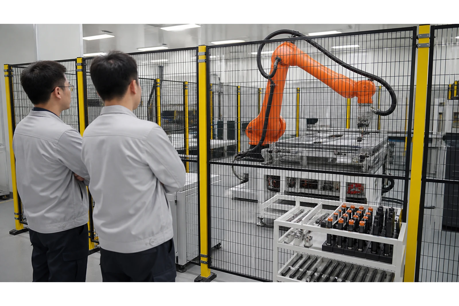 Technicians observe a guarded robotic assembly cell for energy equipment