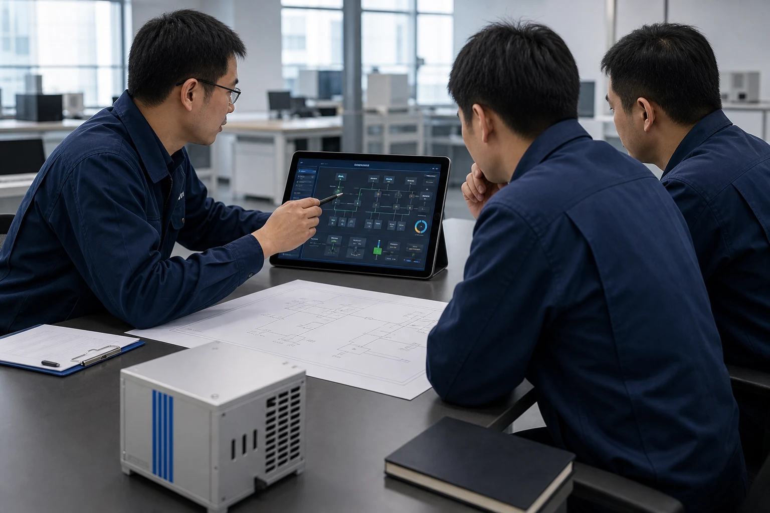 Engineers reviewing a microgrid control interface and single-line diagram