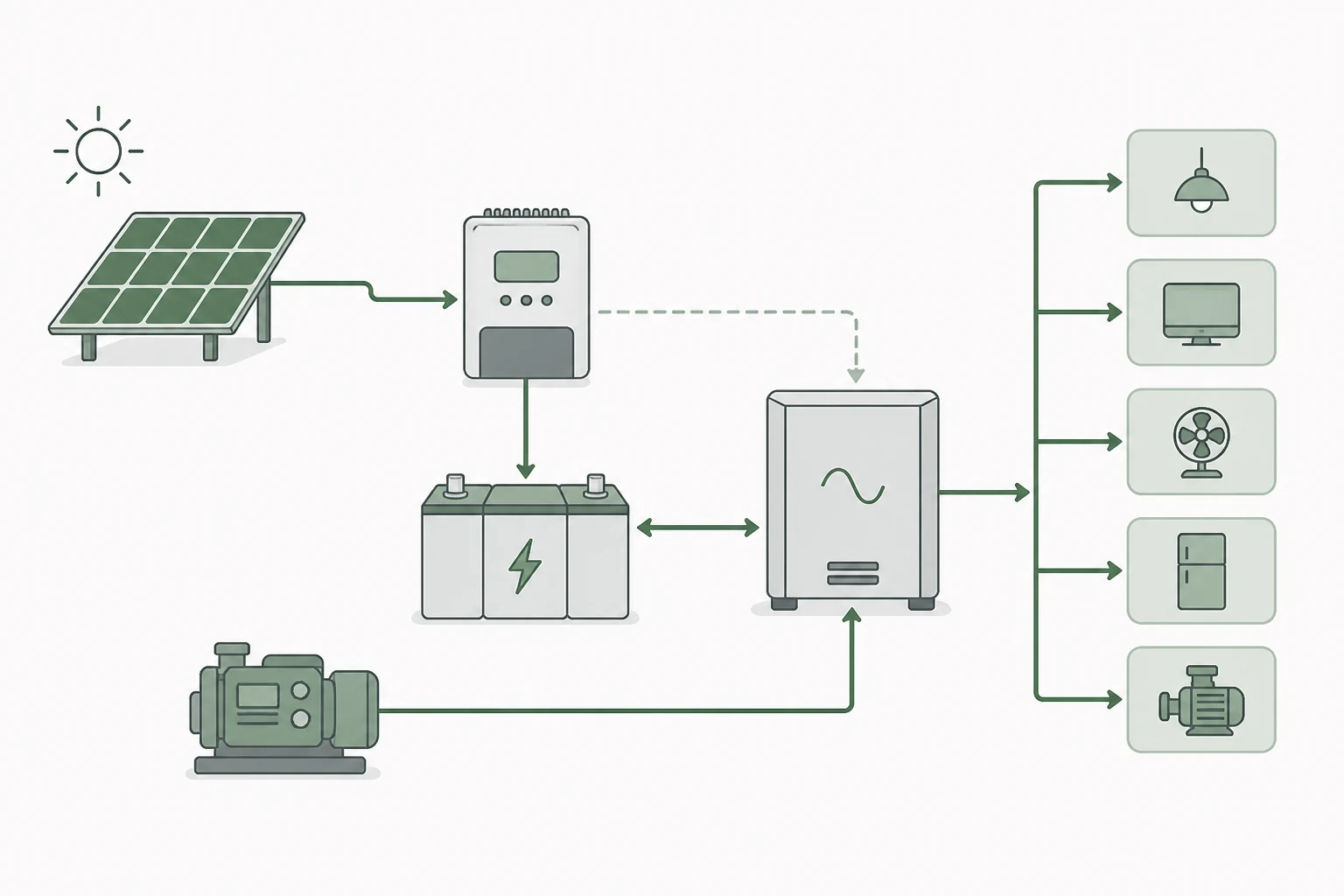 Functional diagram linking solar charge control, batteries, inverter, backup, and loads