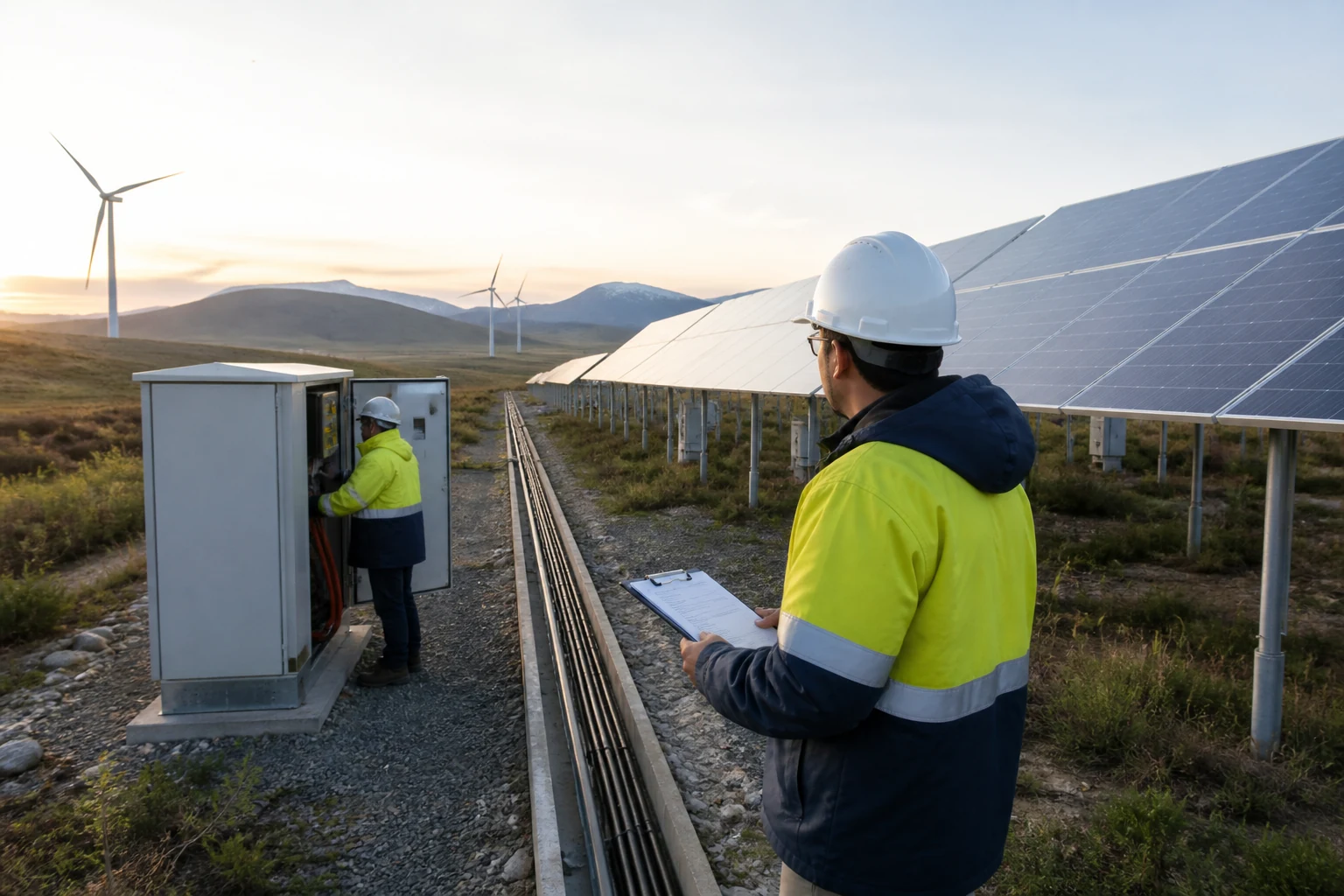 Technicians checking solar arrays, cable routes, and equipment access at a remote site