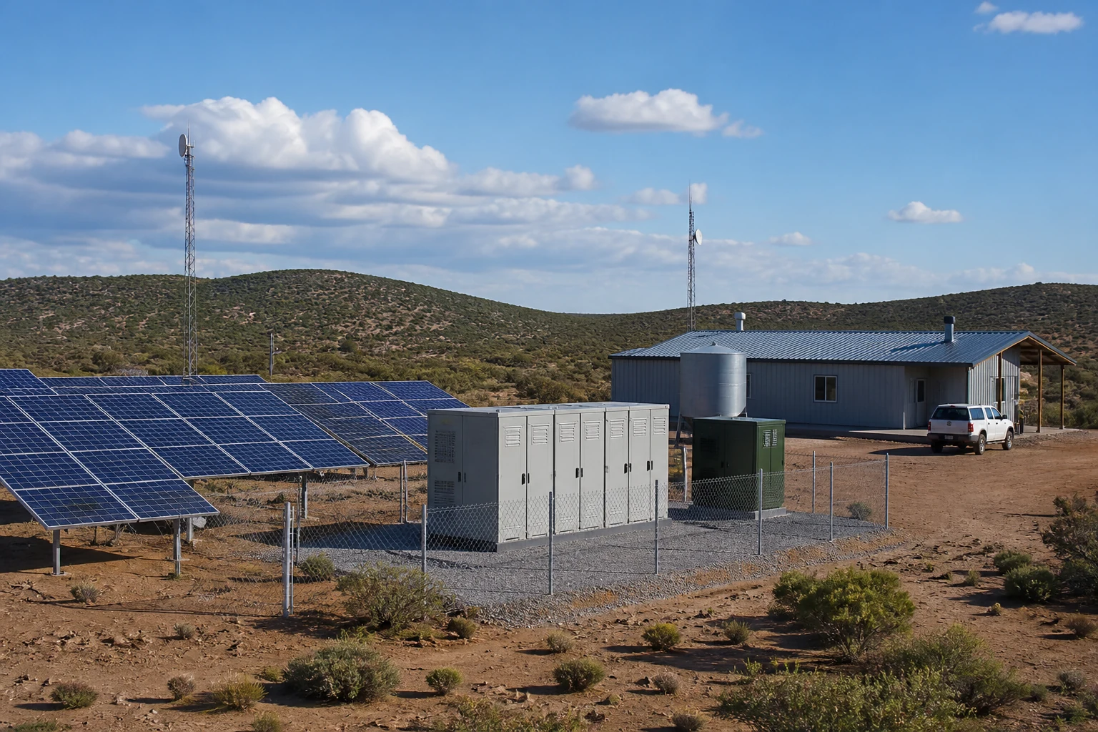 Remote solar site showing generation, storage equipment, and essential loads