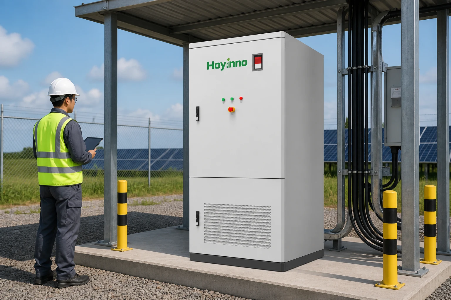 Original Hoyinno cabinet inspected at a shaded off-grid solar equipment pad