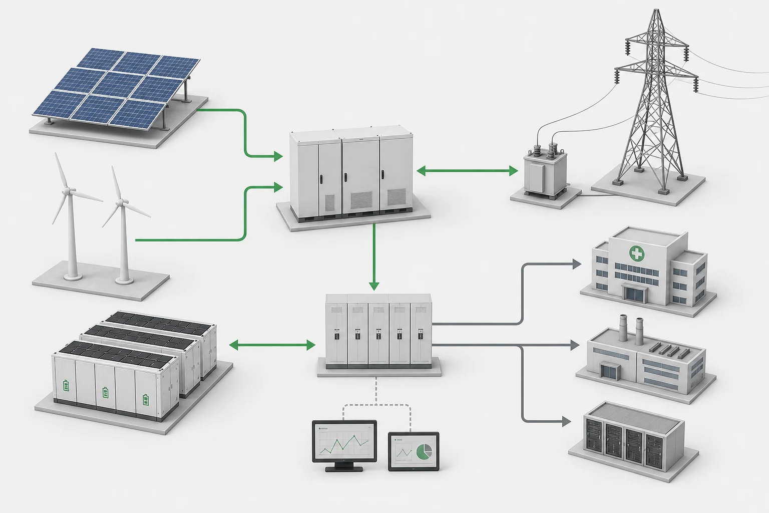 Control-layer visualization linking storage, power conversion, grid and site loads