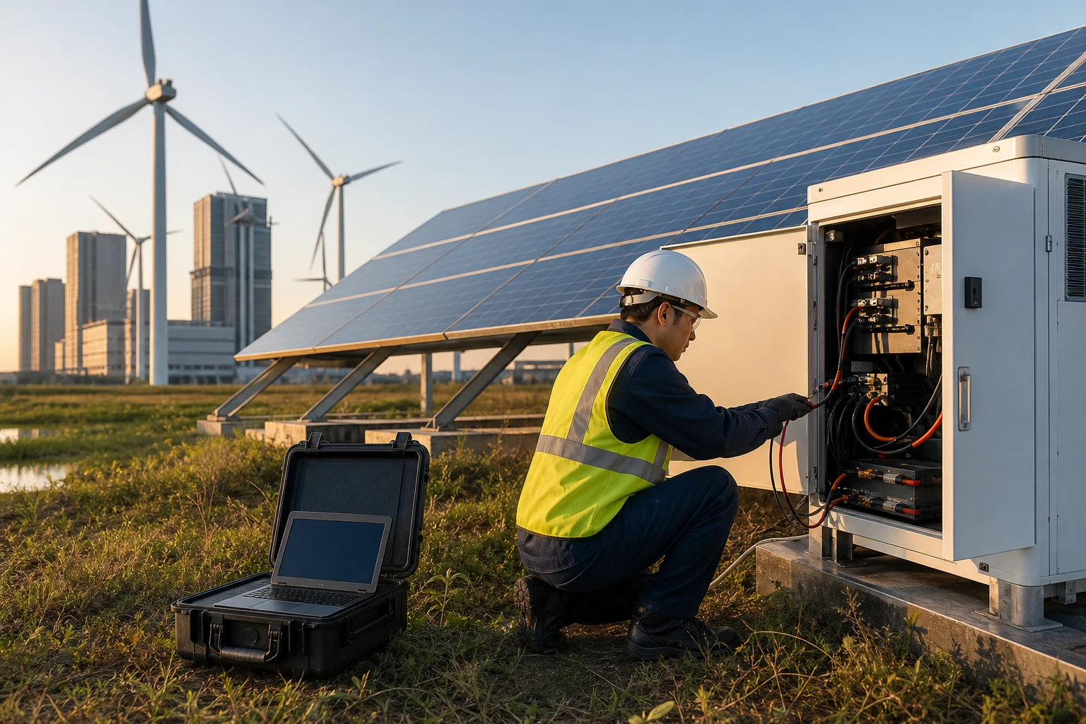 Technician commissioning renewable energy storage equipment at a field site
