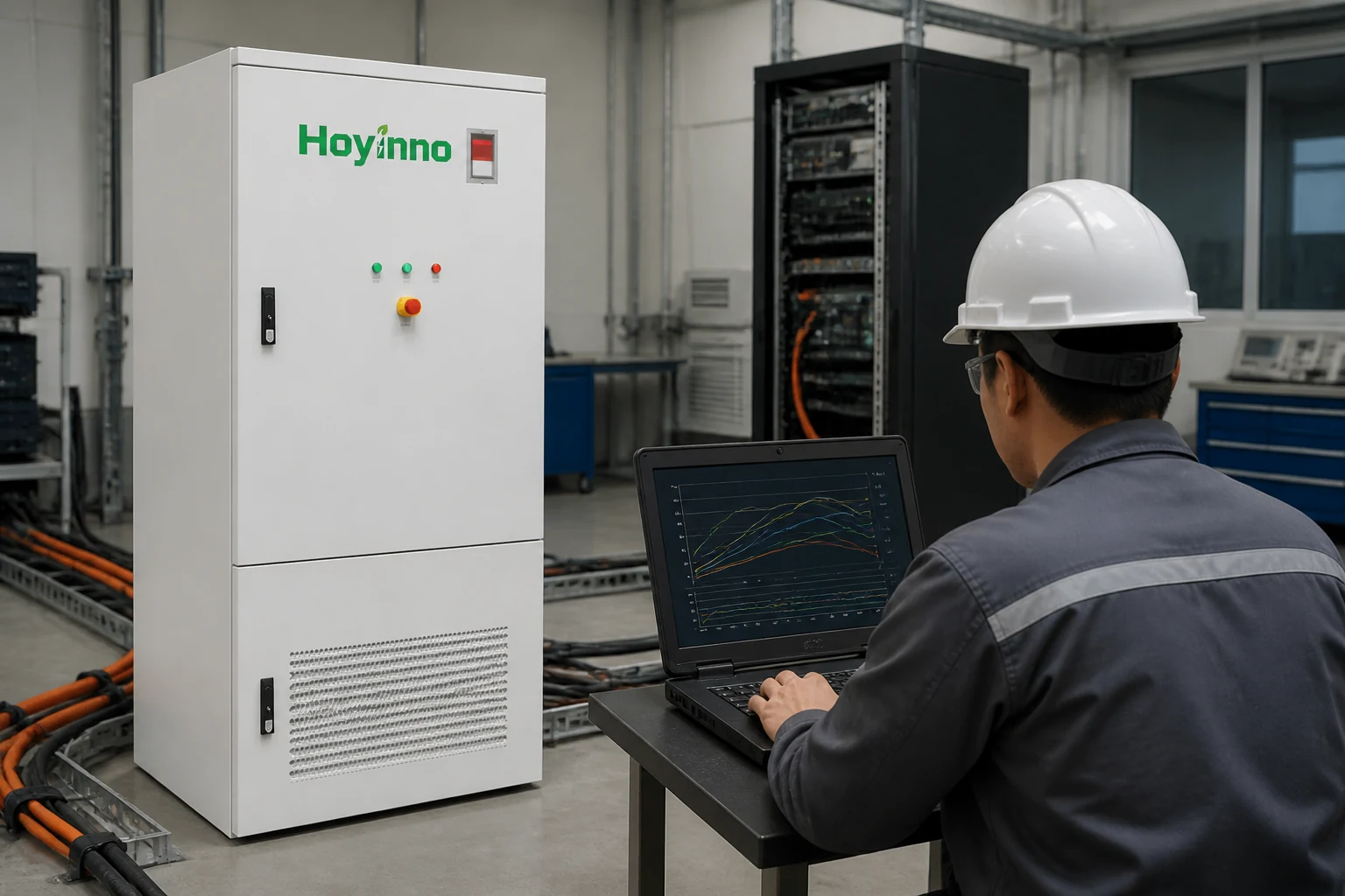 Hoyinno energy storage cabinet reviewed beside commissioning control equipment
