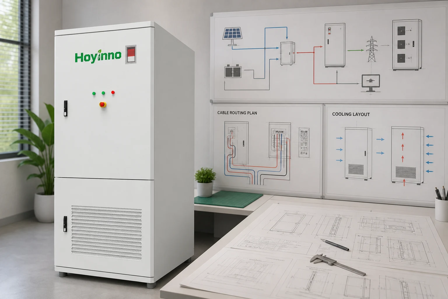 Locked Hoyinno cabinet beside cable routing and cooling layout drawings