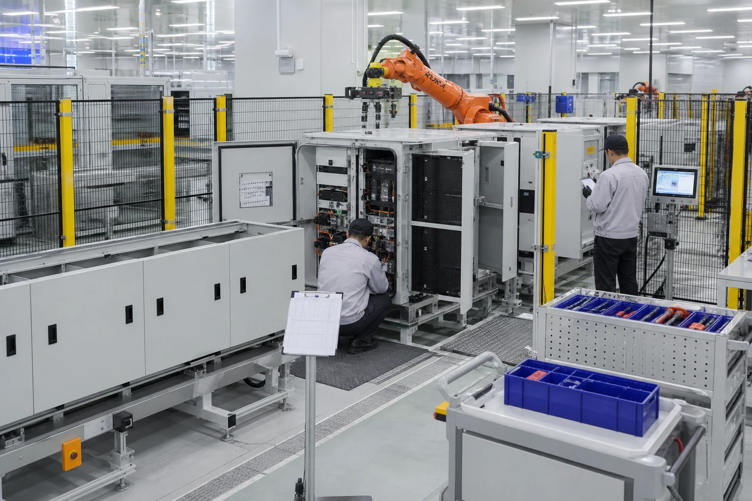 Energy storage enclosure assembly and inspection inside a controlled factory