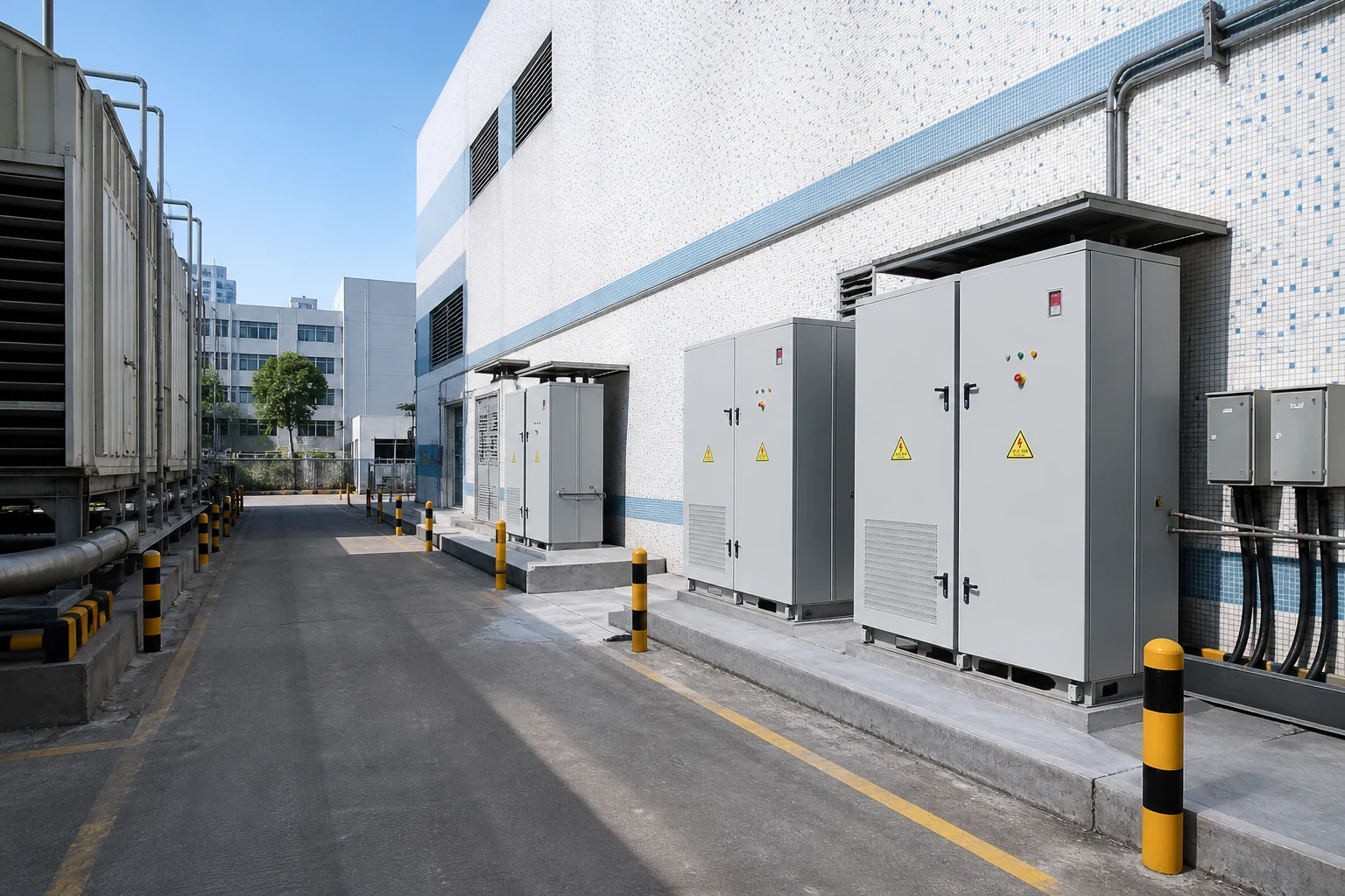 Battery storage cabinets installed beside a commercial facility with service clearances