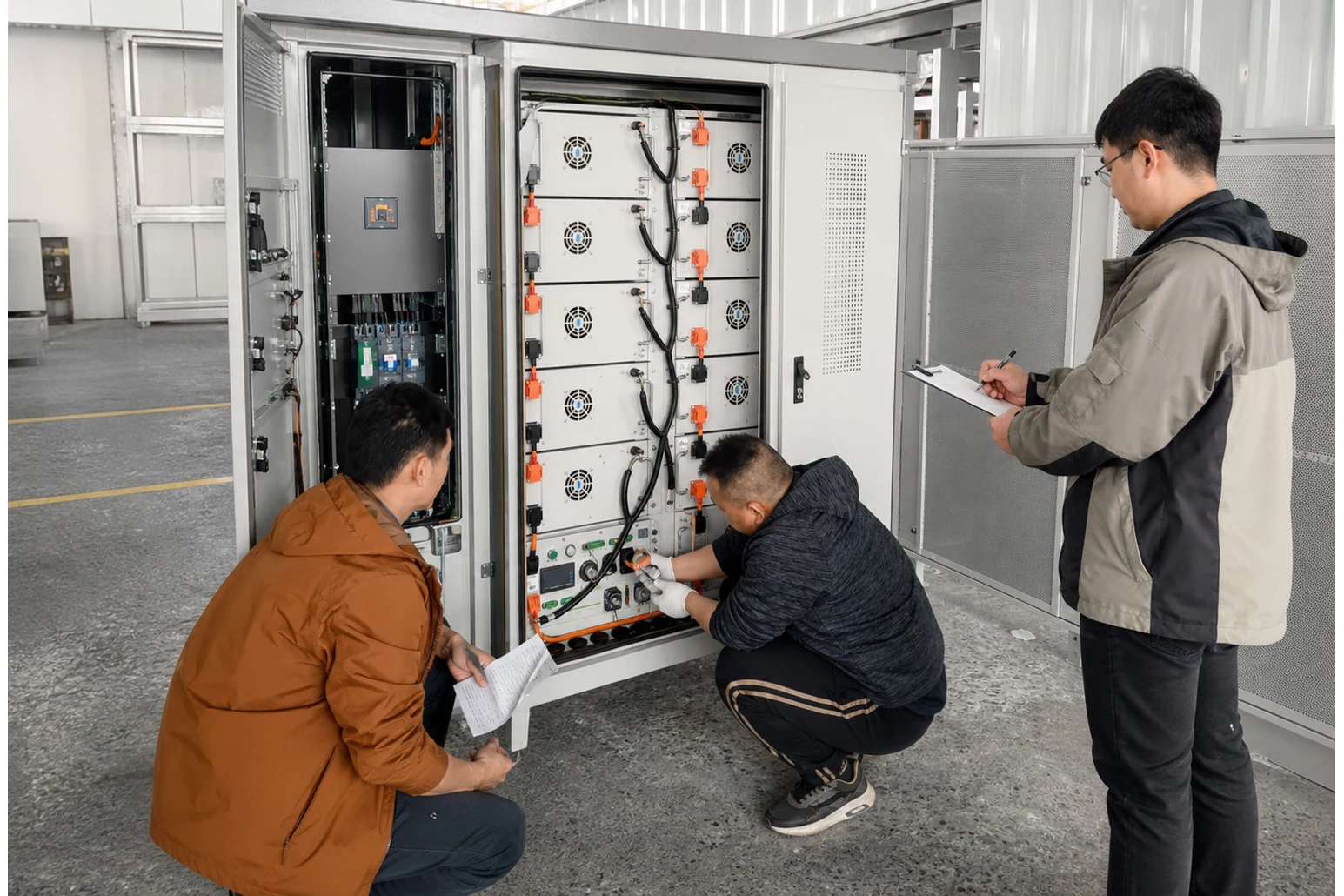 Engineers commissioning battery modules and controls inside an energy storage enclosure