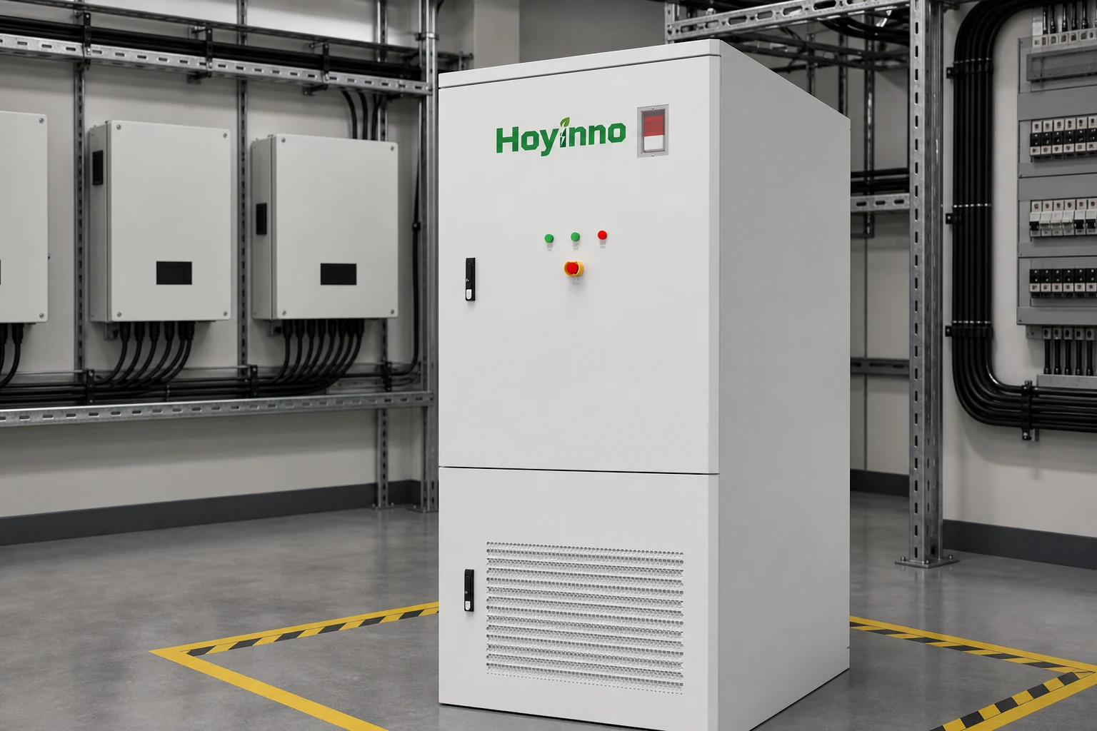 Hoyinno energy storage cabinet beside a remote solar array after sunset