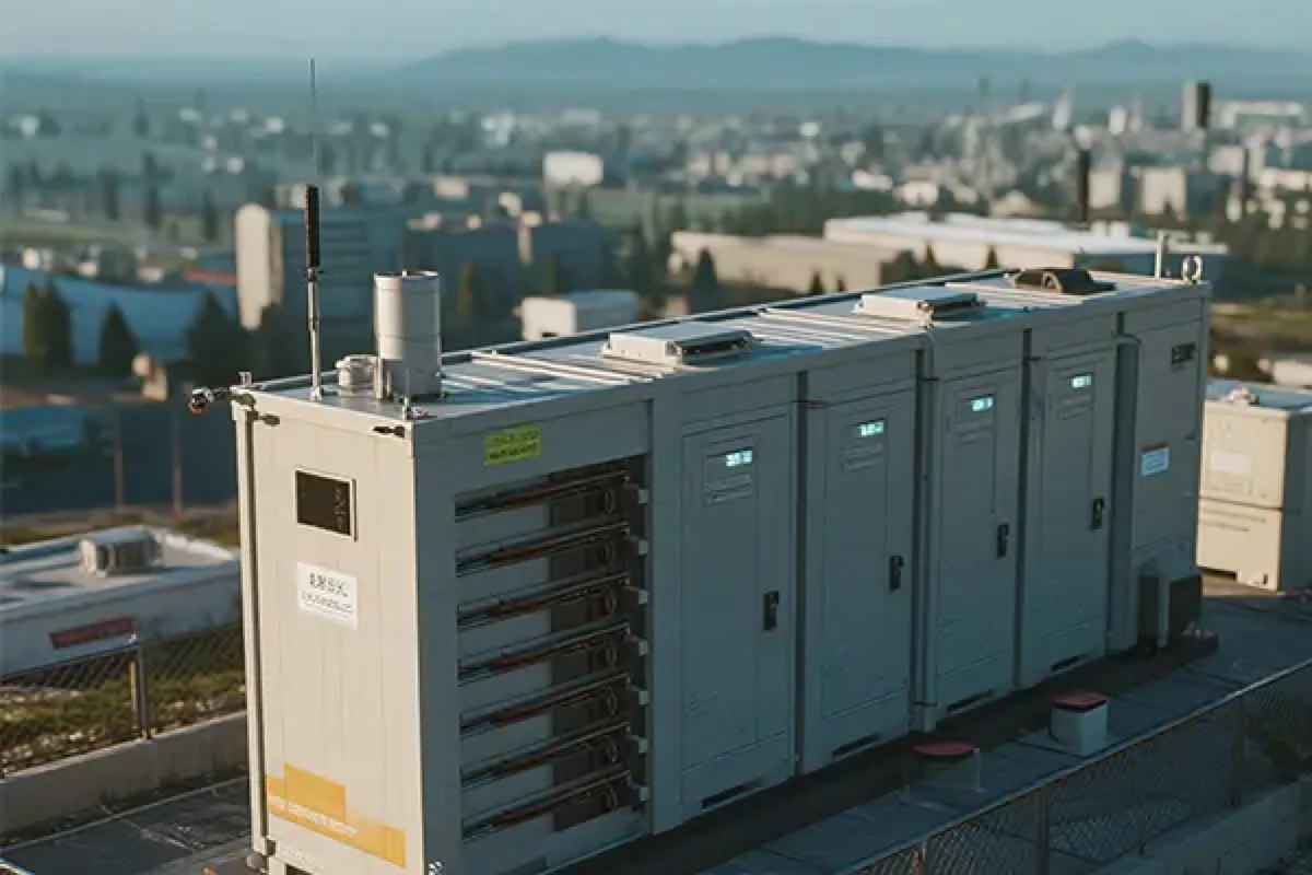 Technicians inspecting an open battery cabinet during commissioning