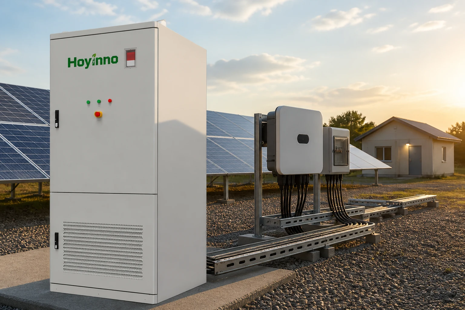 Hoyinno energy storage cabinet shown beside neutral off-grid power-flow equipment