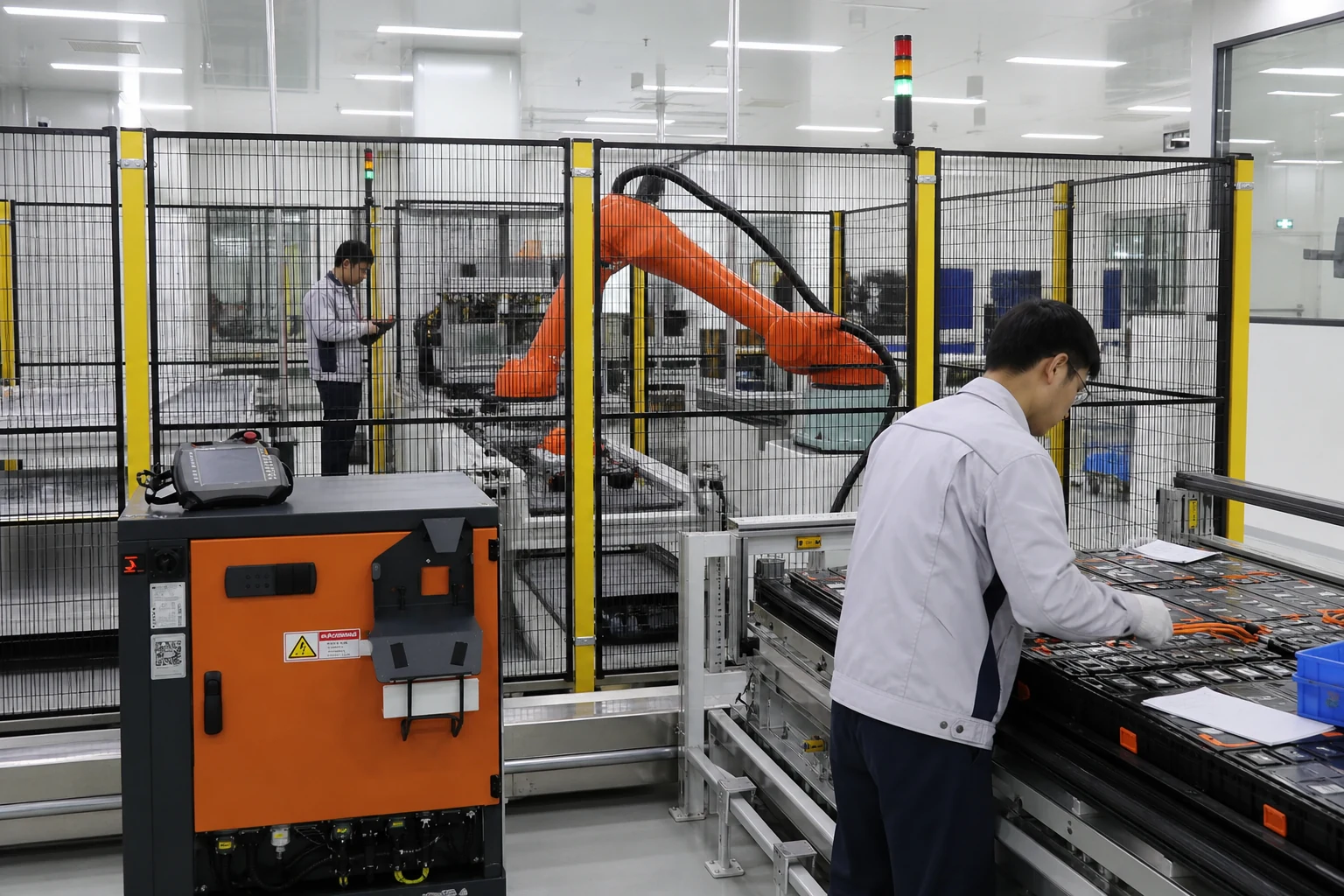 Automated battery system production line with guarded equipment