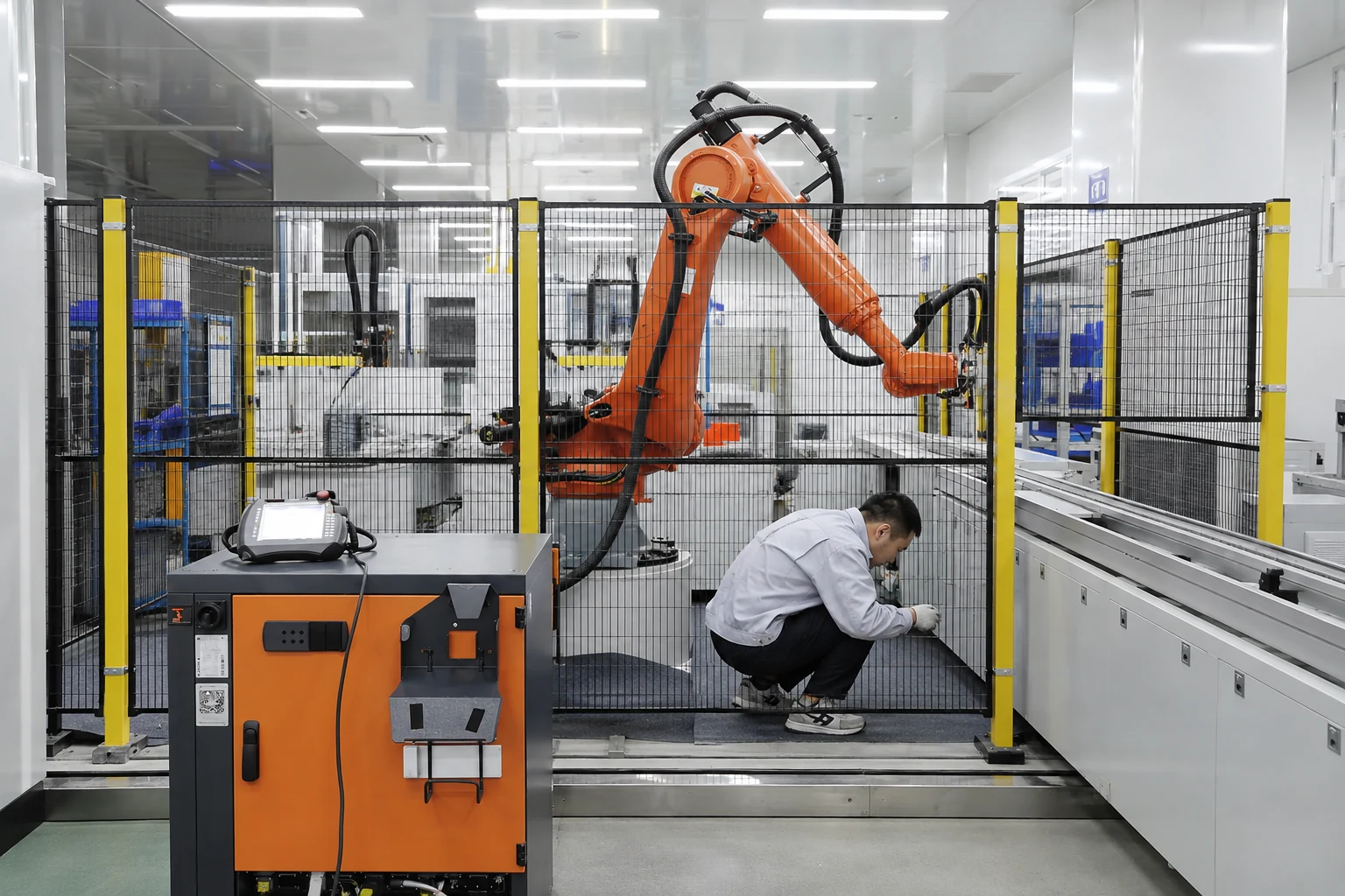 Technician inspecting an automated equipment production cell
