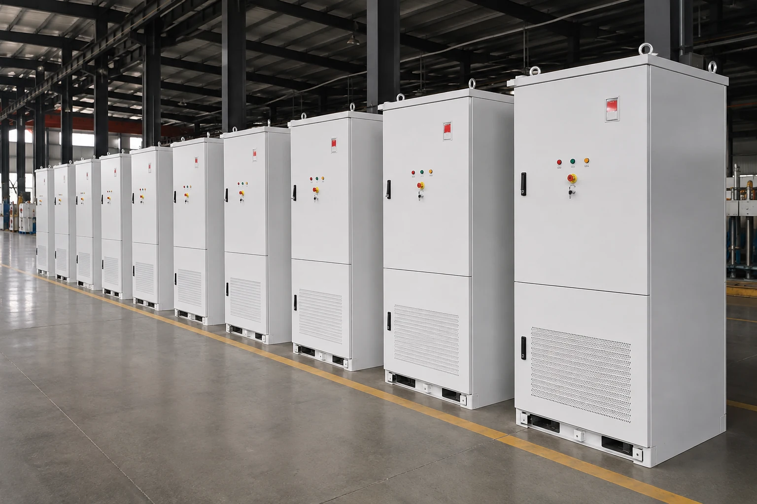 Rows of electrical cabinets prepared for repeatable acceptance inspection
