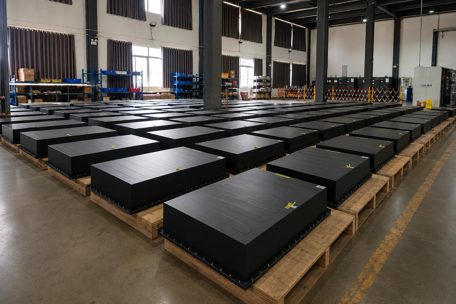 Battery enclosures organized on pallets for modular project supply