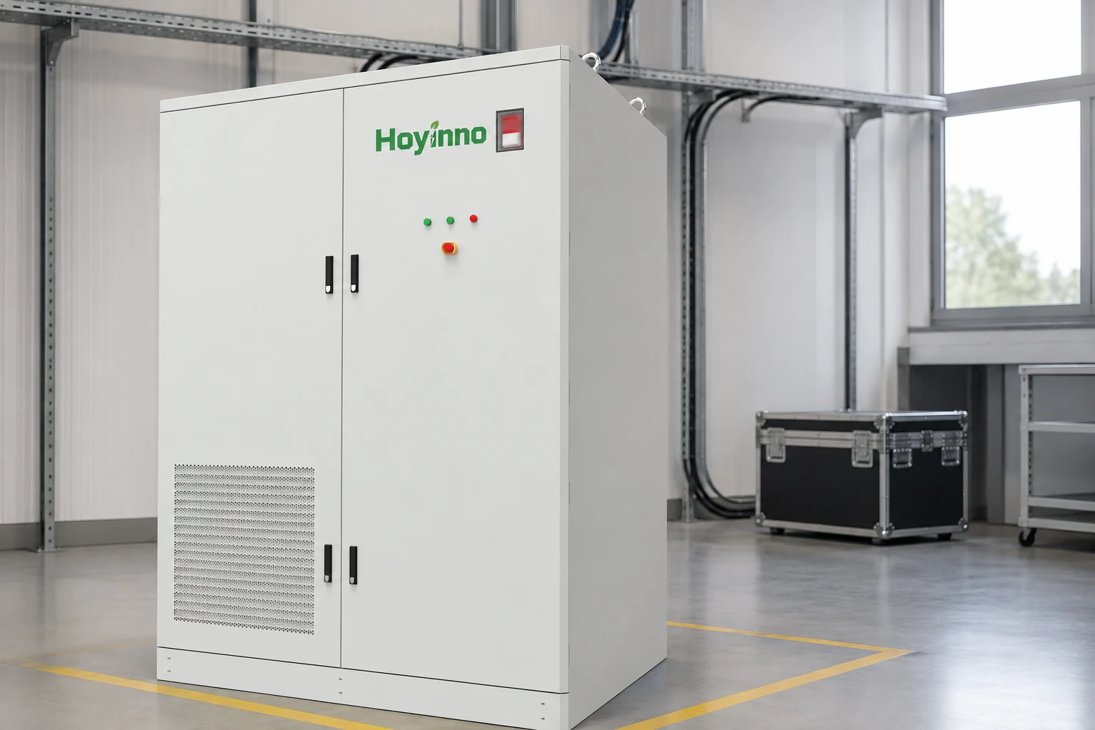 Hoyinno battery energy storage cabinet shown for an integrated off-grid power architecture