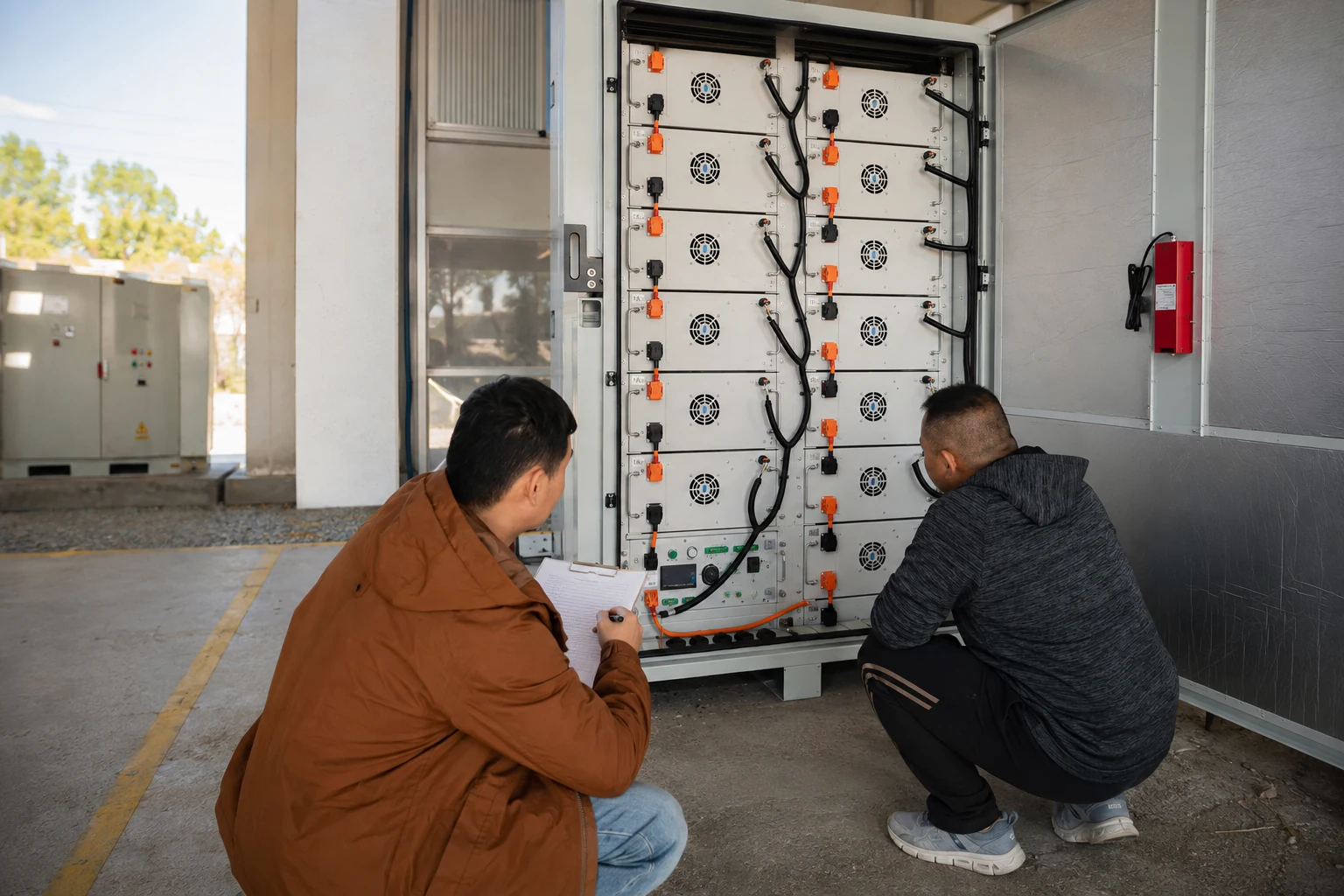Technicians inspecting battery modules and electrical connections during commissioning