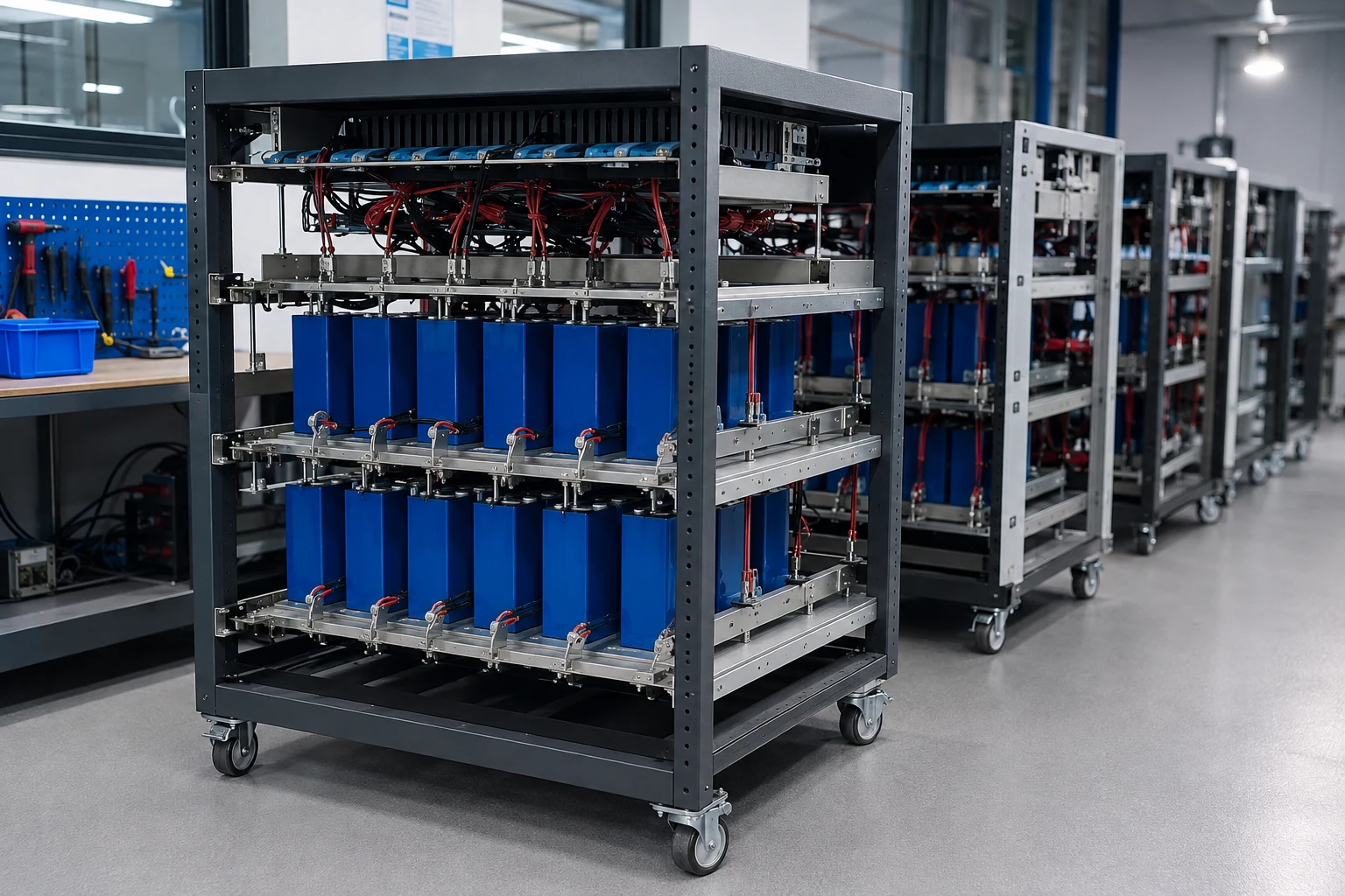 Blue battery cells and wiring arranged on factory test racks for inspection