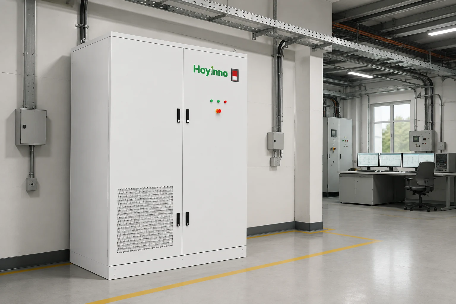 Hoyinno energy storage cabinet in a clean commissioning bay for system integration review