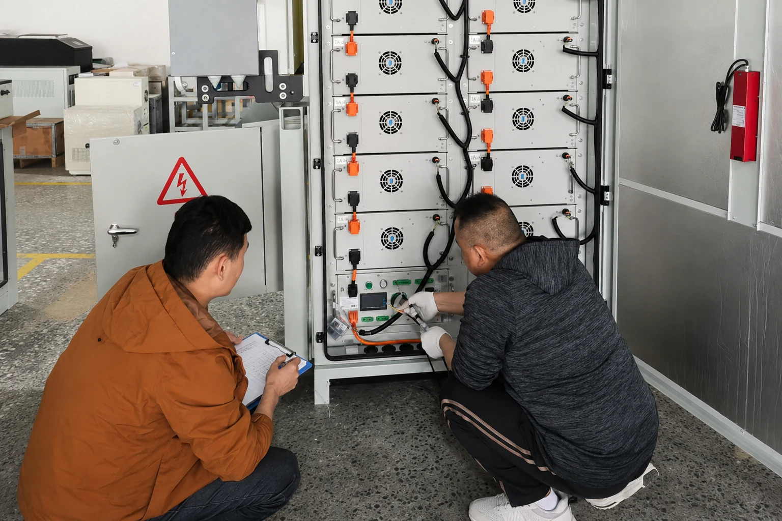 Two technicians recording commissioning checks inside a modular battery cabinet