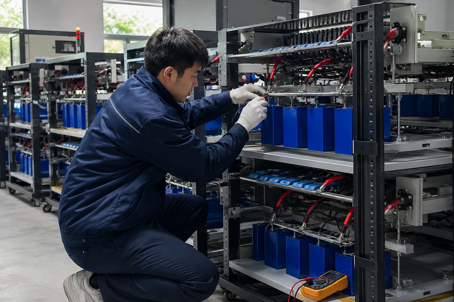 Technician inspecting blue battery modules and organized test wiring