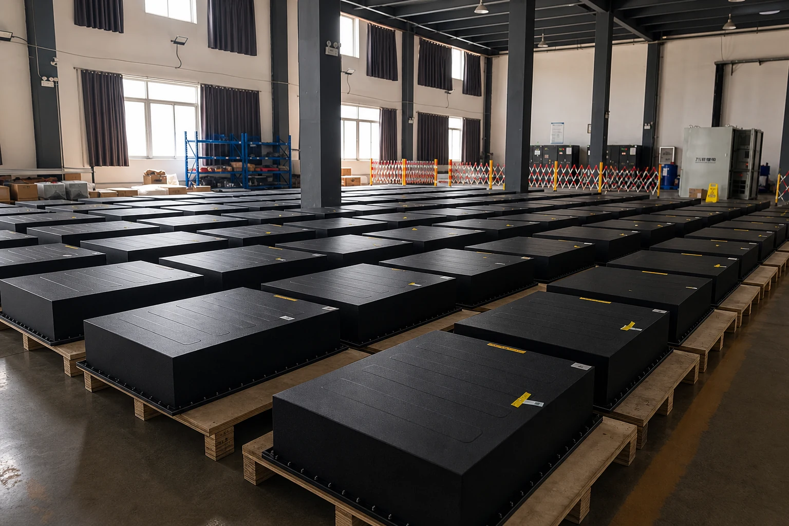 Rows of battery module enclosures staged for off-grid project logistics
