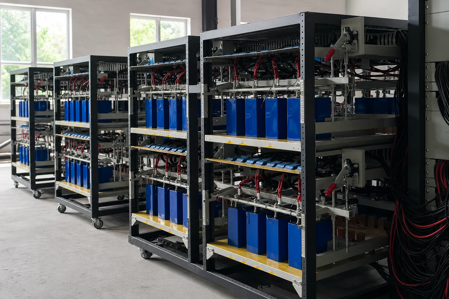 Blue battery modules and wiring on workshop test racks before commissioning