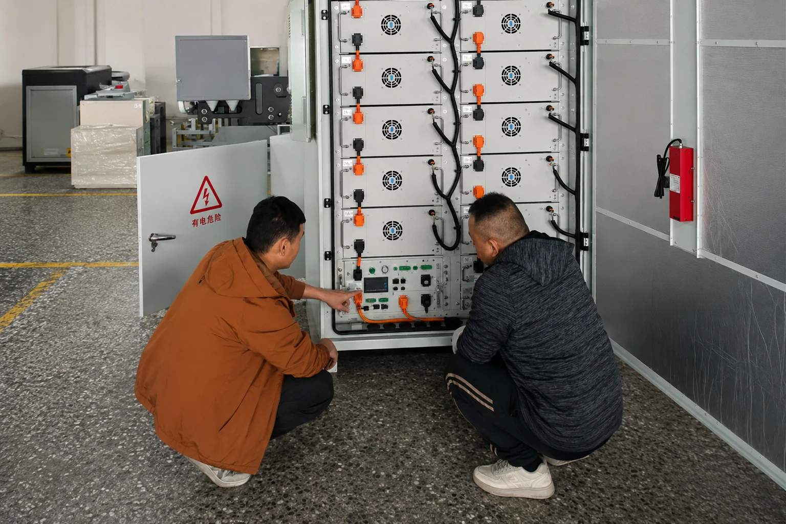Technicians checking an open battery cabinet during system commissioning