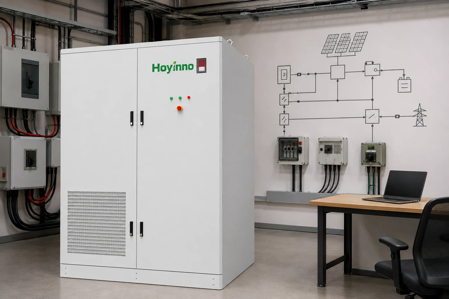 Hoyinno battery energy storage cabinet in a solar microgrid design-review bay