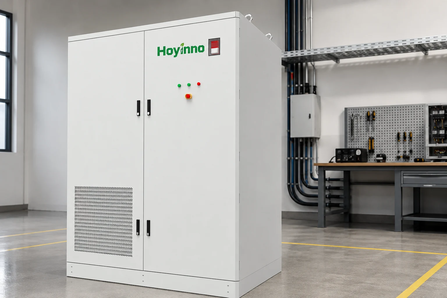 Hoyinno energy storage cabinet beside a photovoltaic array during off-grid site planning