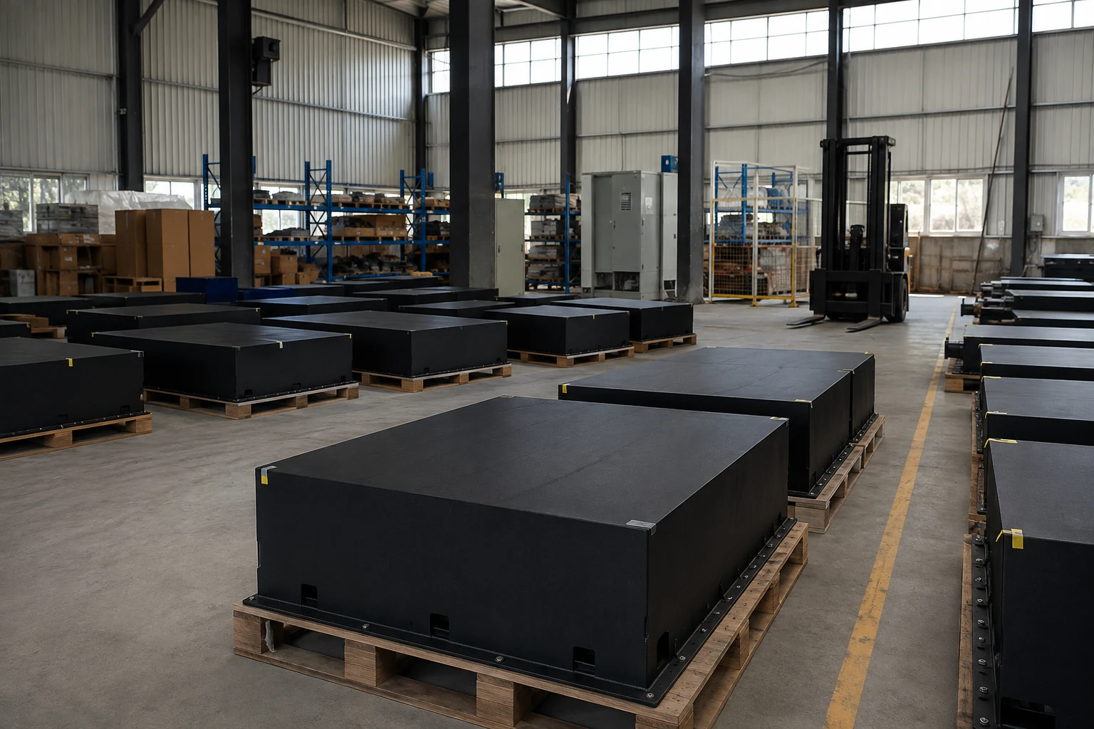 Battery enclosures staged on pallets for phased off-grid project logistics