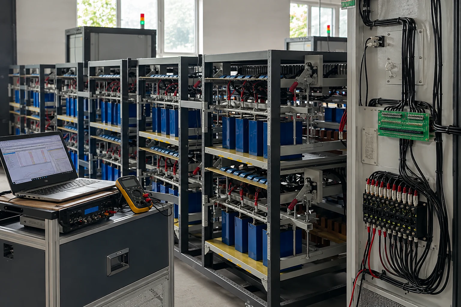 Blue battery modules and test instruments in an organized verification bay