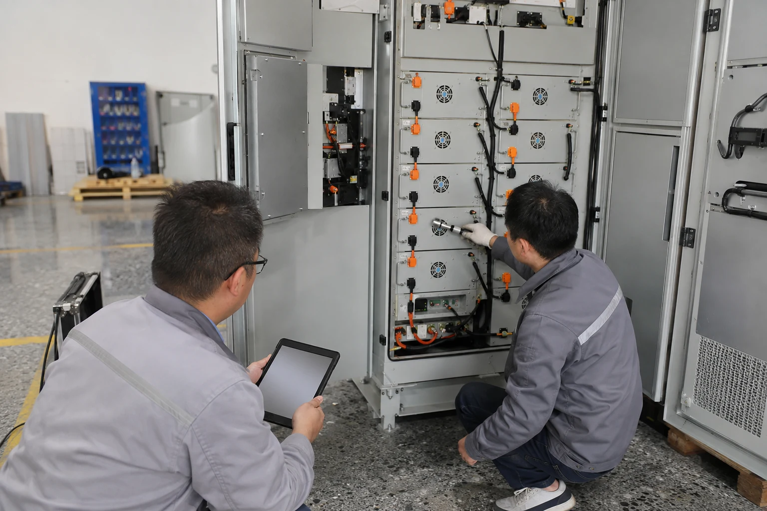 Technicians recording acceptance checks inside an open battery cabinet