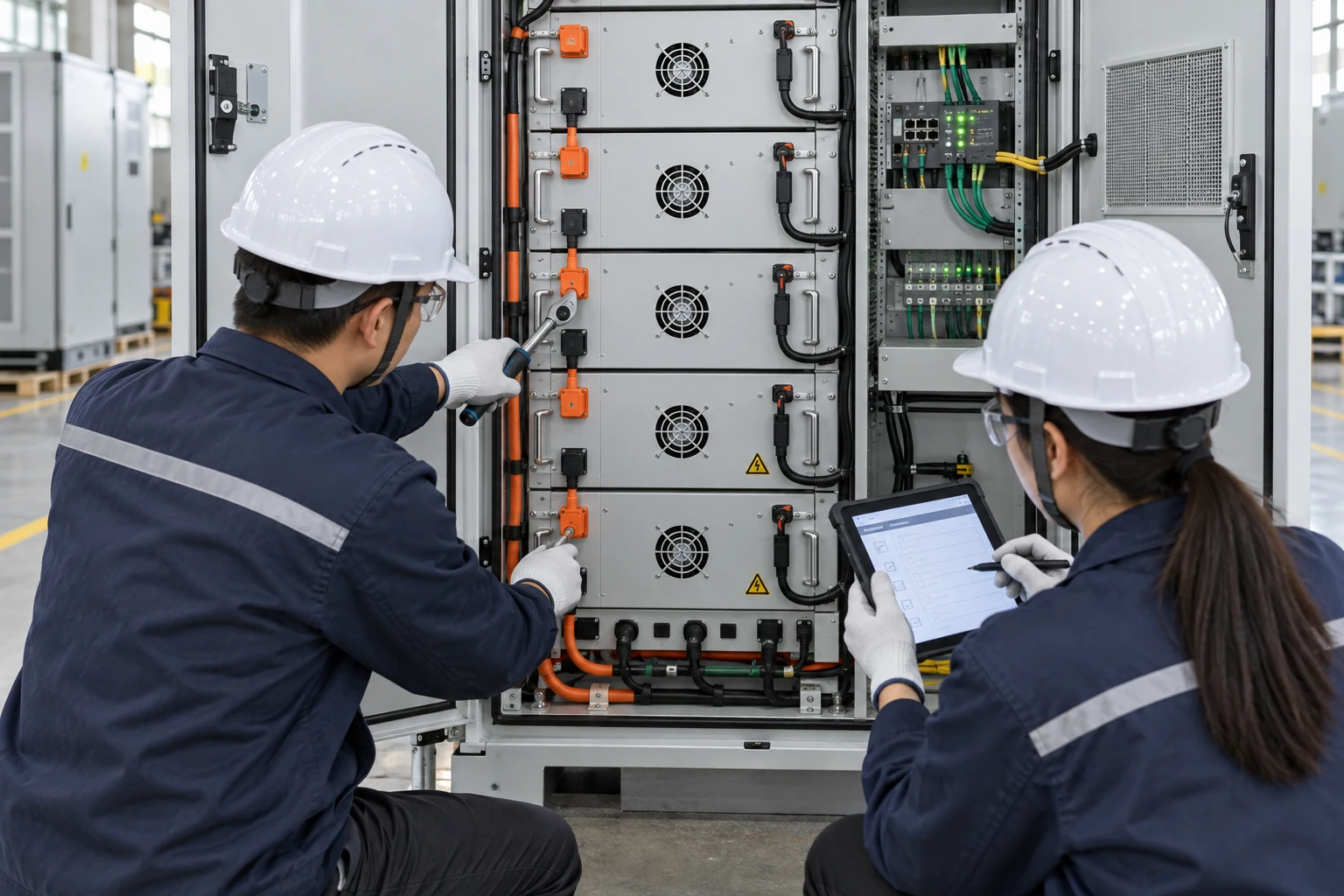 Two technicians documenting cable and communication checks inside an open battery cabinet