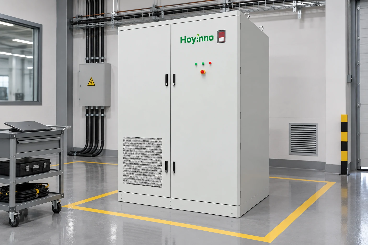 Hoyinno battery cabinet in a commissioning bay with marked service clearances