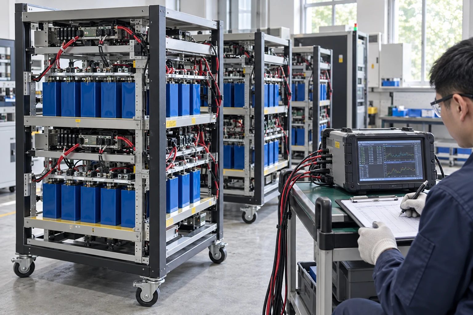 Battery module test racks connected to a portable analyzer for acceptance checks