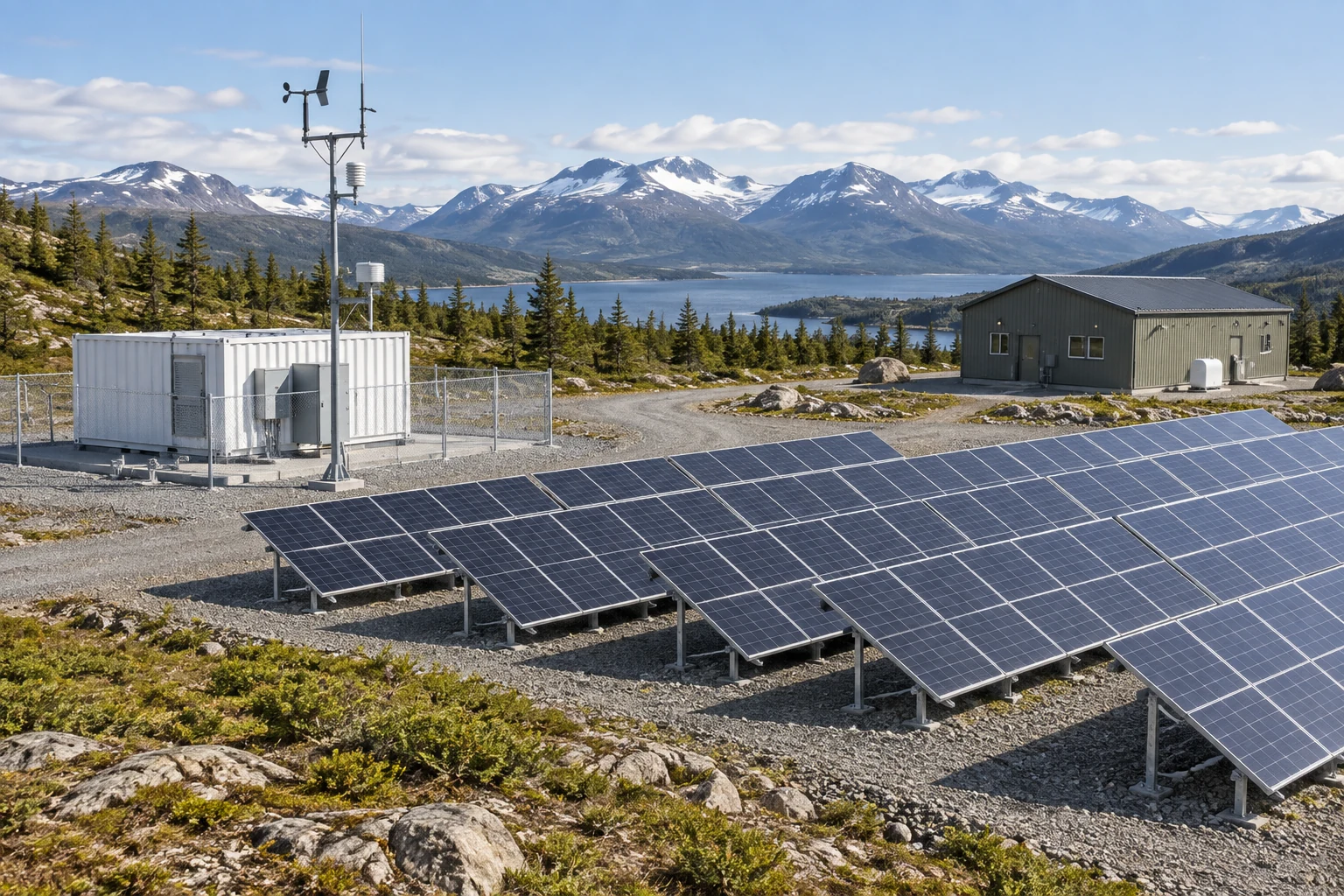 Remote solar microgrid site with photovoltaic rows, controls shelter, and weather instruments